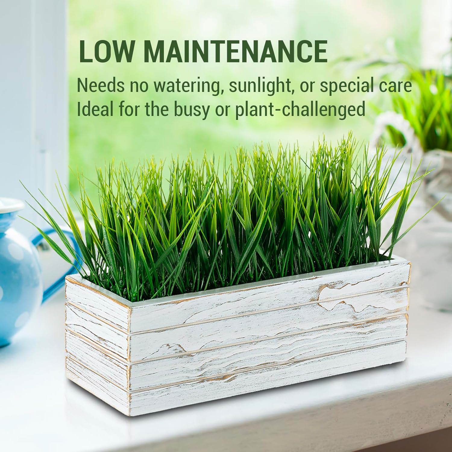 MyGift 14 Inch Artificial Grass in Shabby White Wood Planter