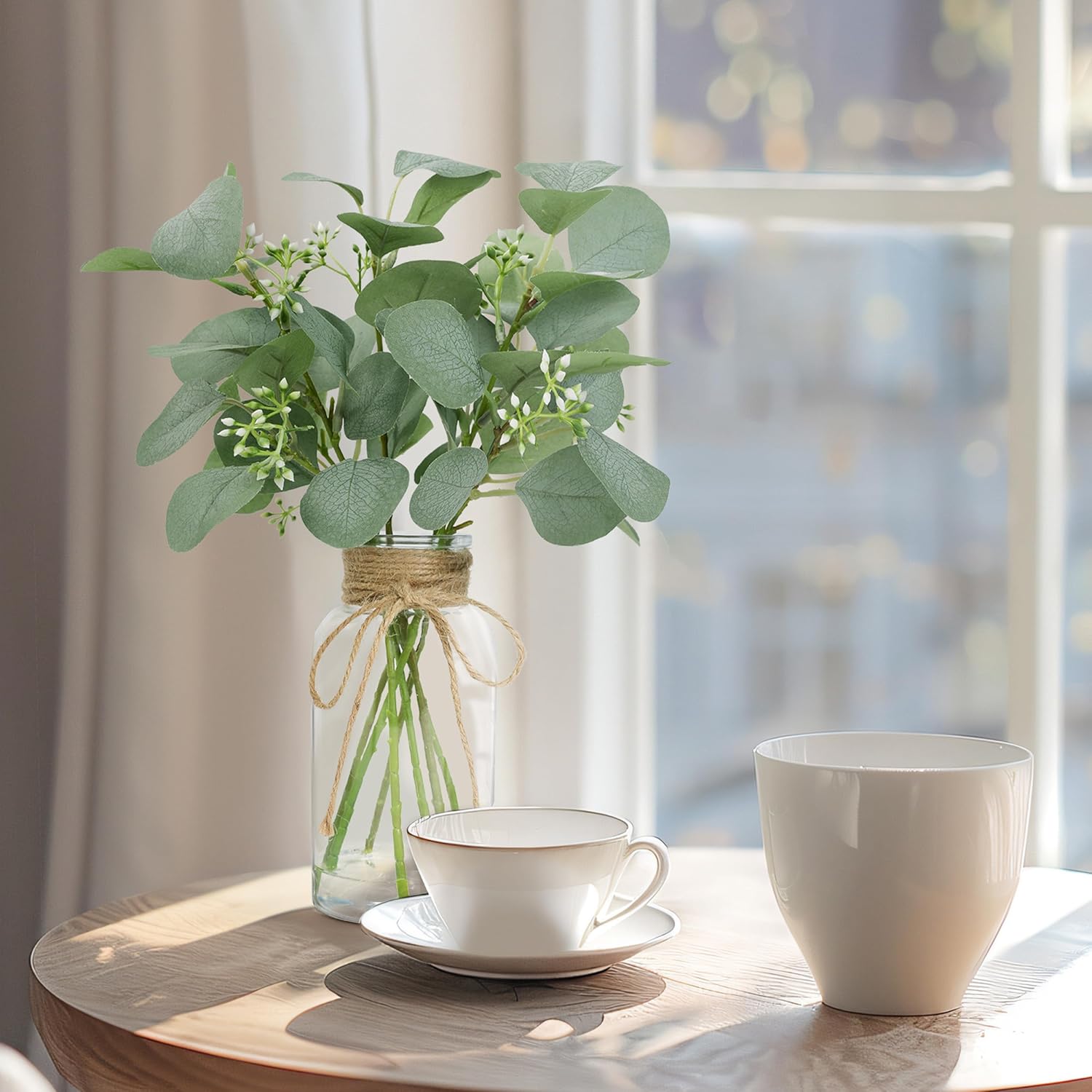 Rosscer Artificial Eucalyptus Stems in Glass Vase with Faux Water