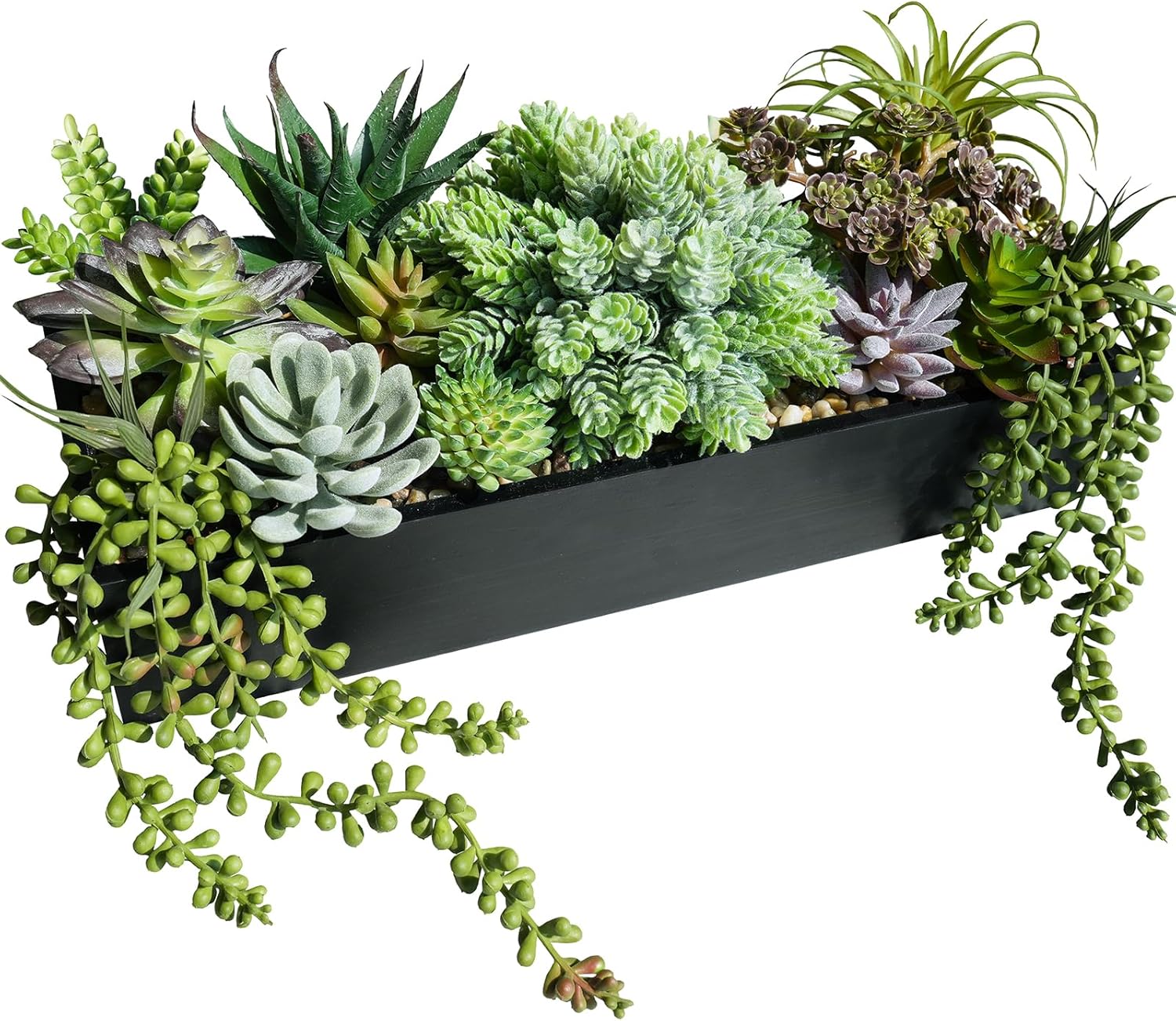 Winlyn 15 Inch Artificial Succulent Arrangement in Rustic Black Wooden Planter