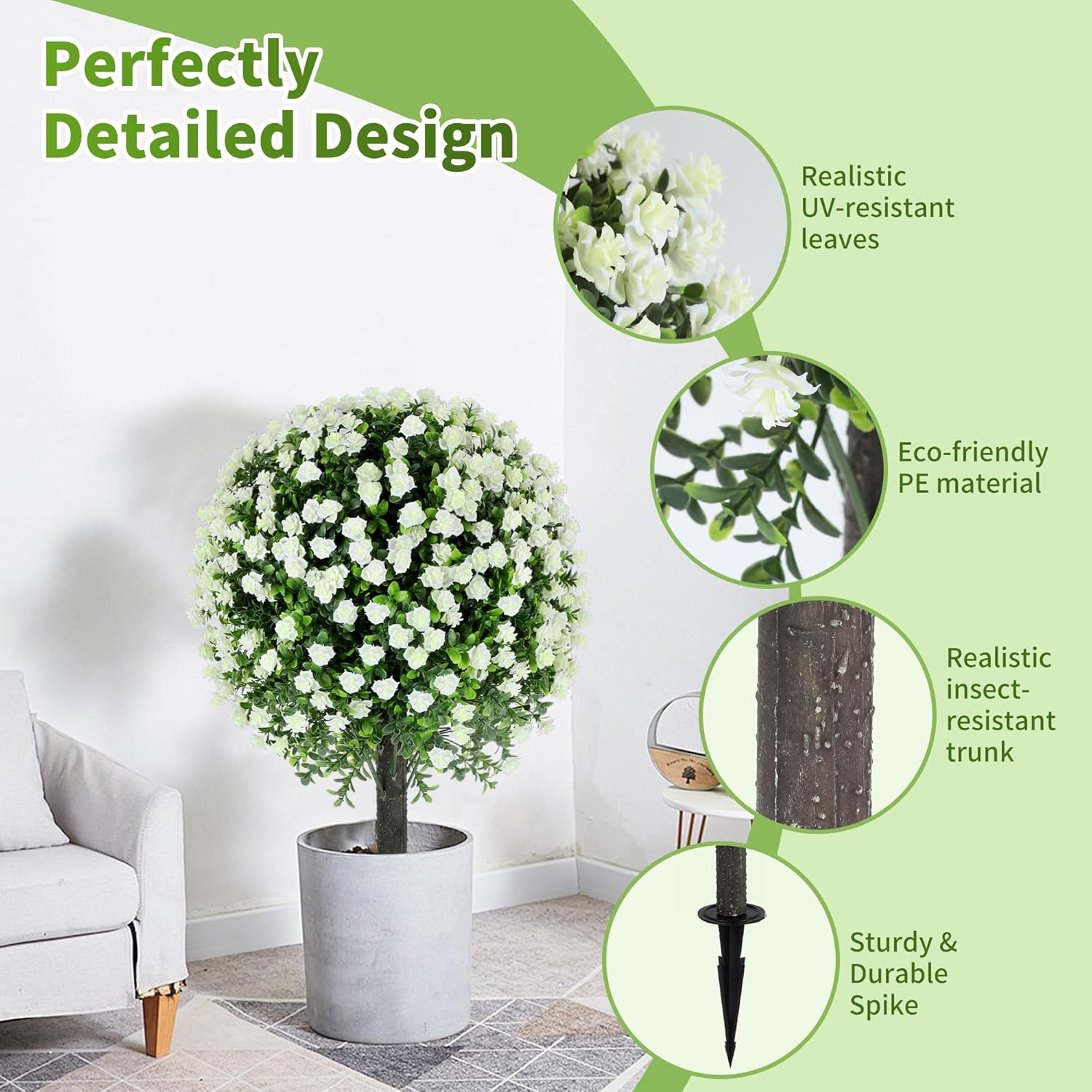 272 Inch Artificial White Rose Topiary Set of 2 with Spike