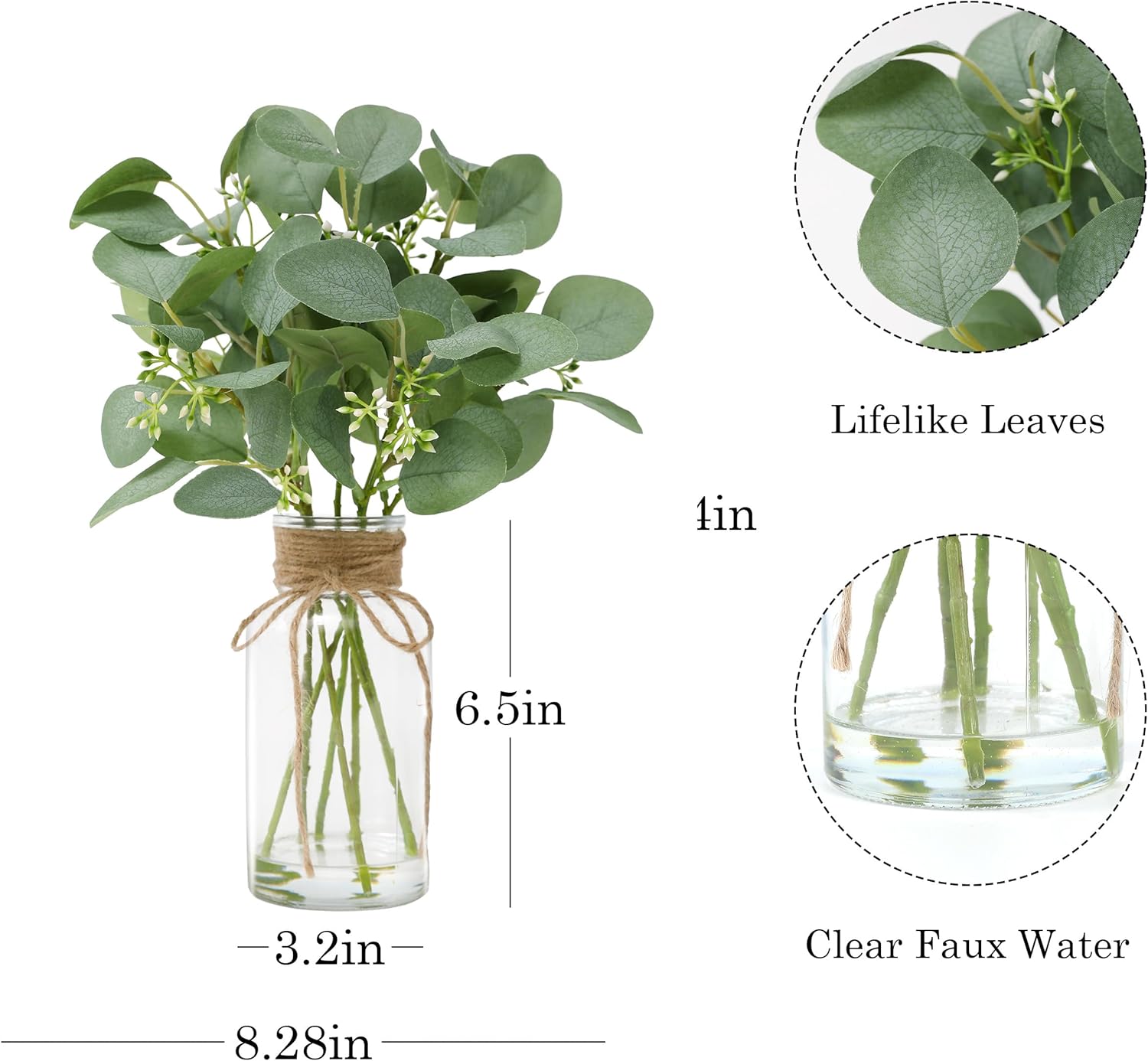 Rosscer Artificial Eucalyptus Stems in Glass Vase with Faux Water