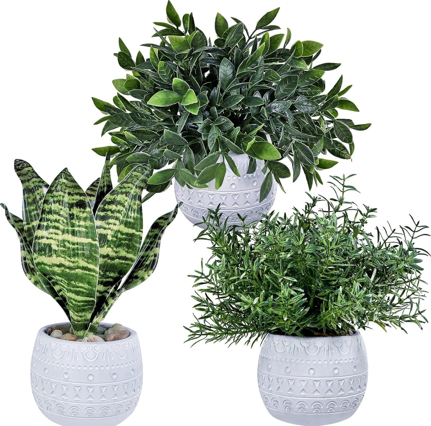 Winlyn 3-Piece Artificial Plant Set - Eucalyptus Rosemary Tropical Snake Plant with White Geometric Pots