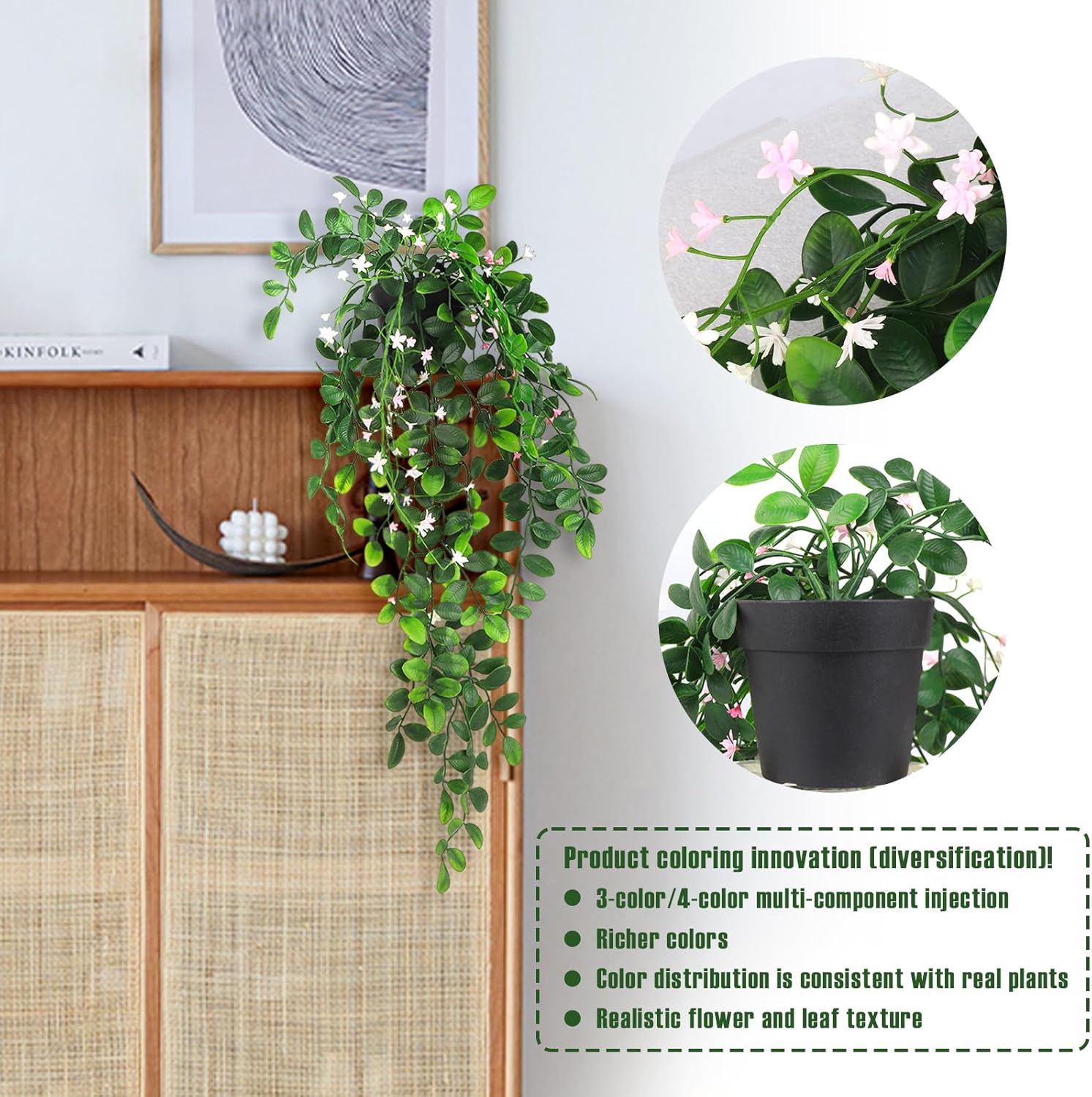 2 Pack Fake Hanging Lysimachia Plants with White and Pink Flowers