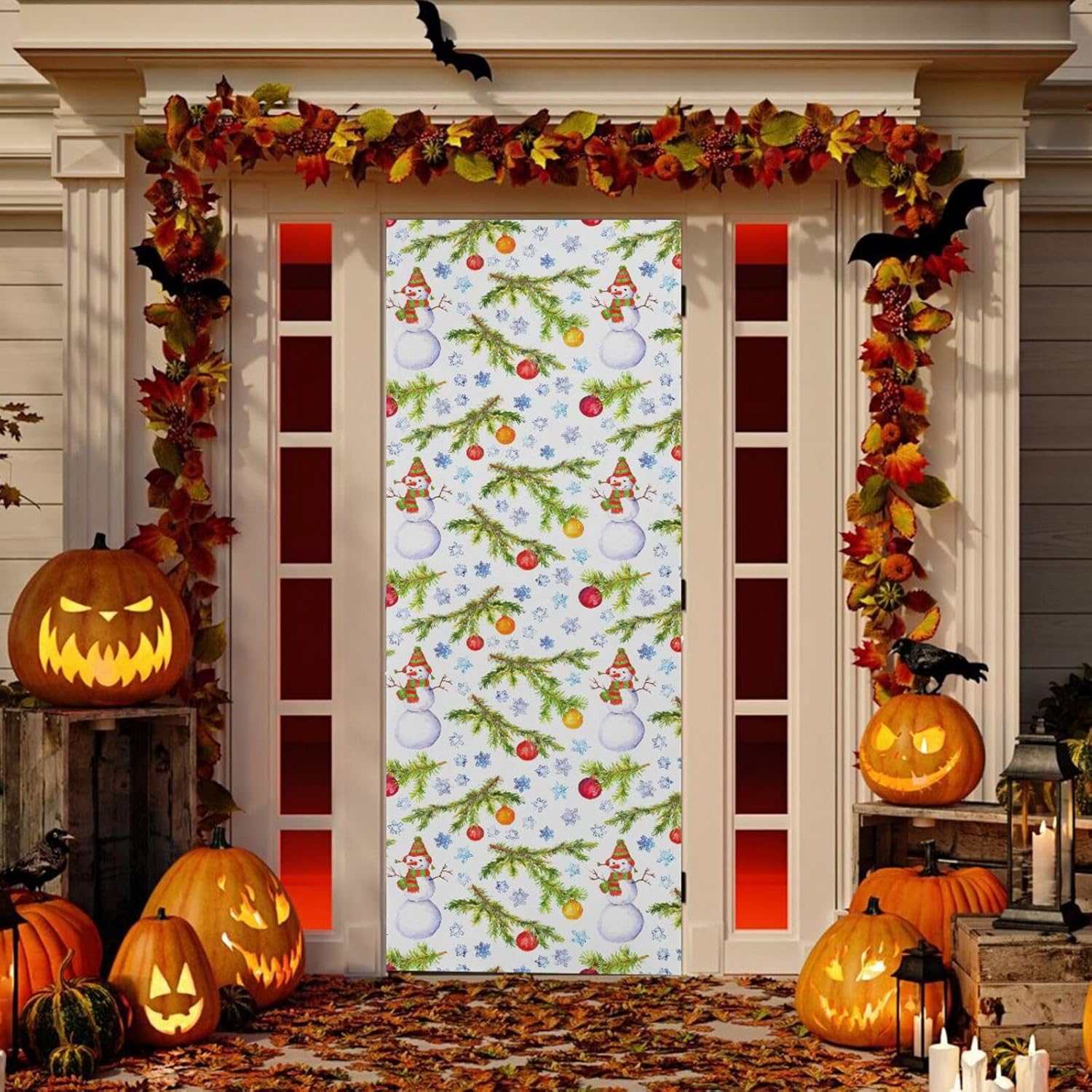 Susiyo Christmas Tree Branch Door Cover with Snowman Design Stretch Fabric 32x79 in