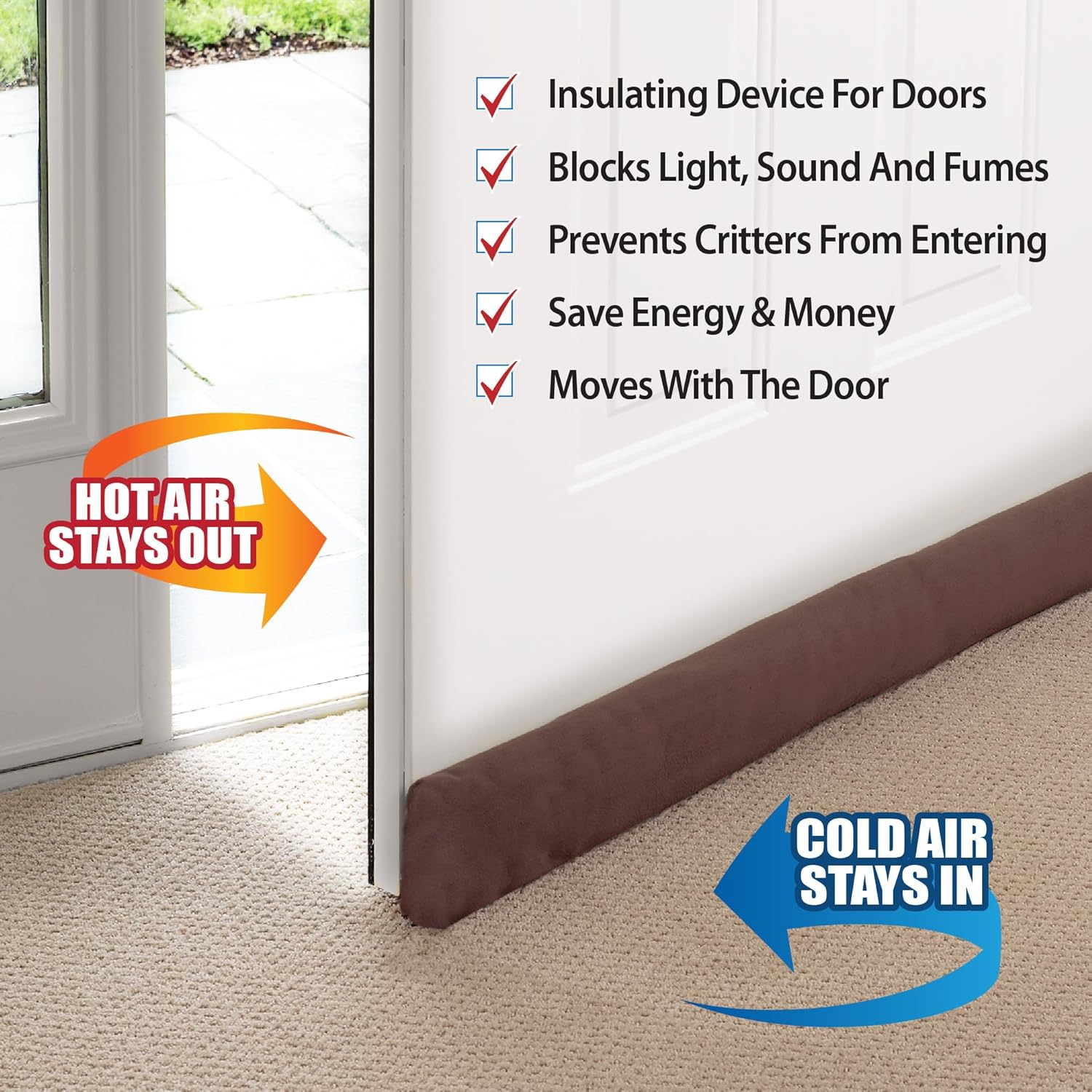 StayPut Door Draft Stopper Insulating Device 2 Ways - 36 Inch Brown