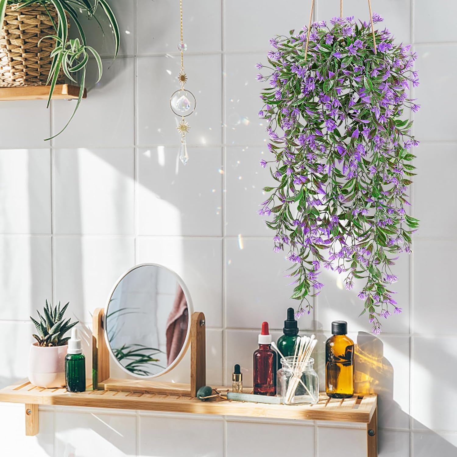 TOCHGREEN 4Pcs Artificial Hanging Plants with Purple Flowers