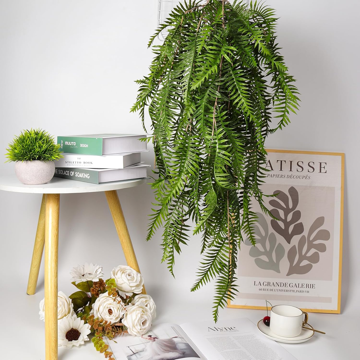 RECUTMS Artificial Hanging Ferns 2 Pack Green UV Resistant Faux Greenery Plastic Garland for Indoor Outdoor Decorations