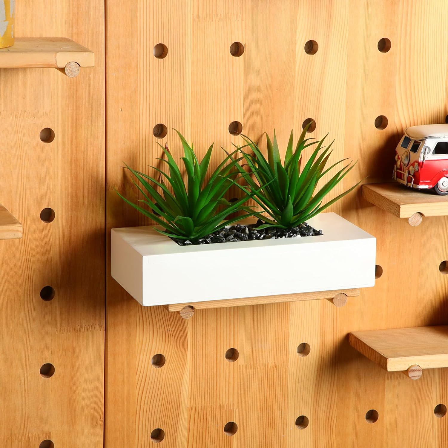 Hotop 2 Pcs Artificial Green Grass Plants in White Wood Planter Pots