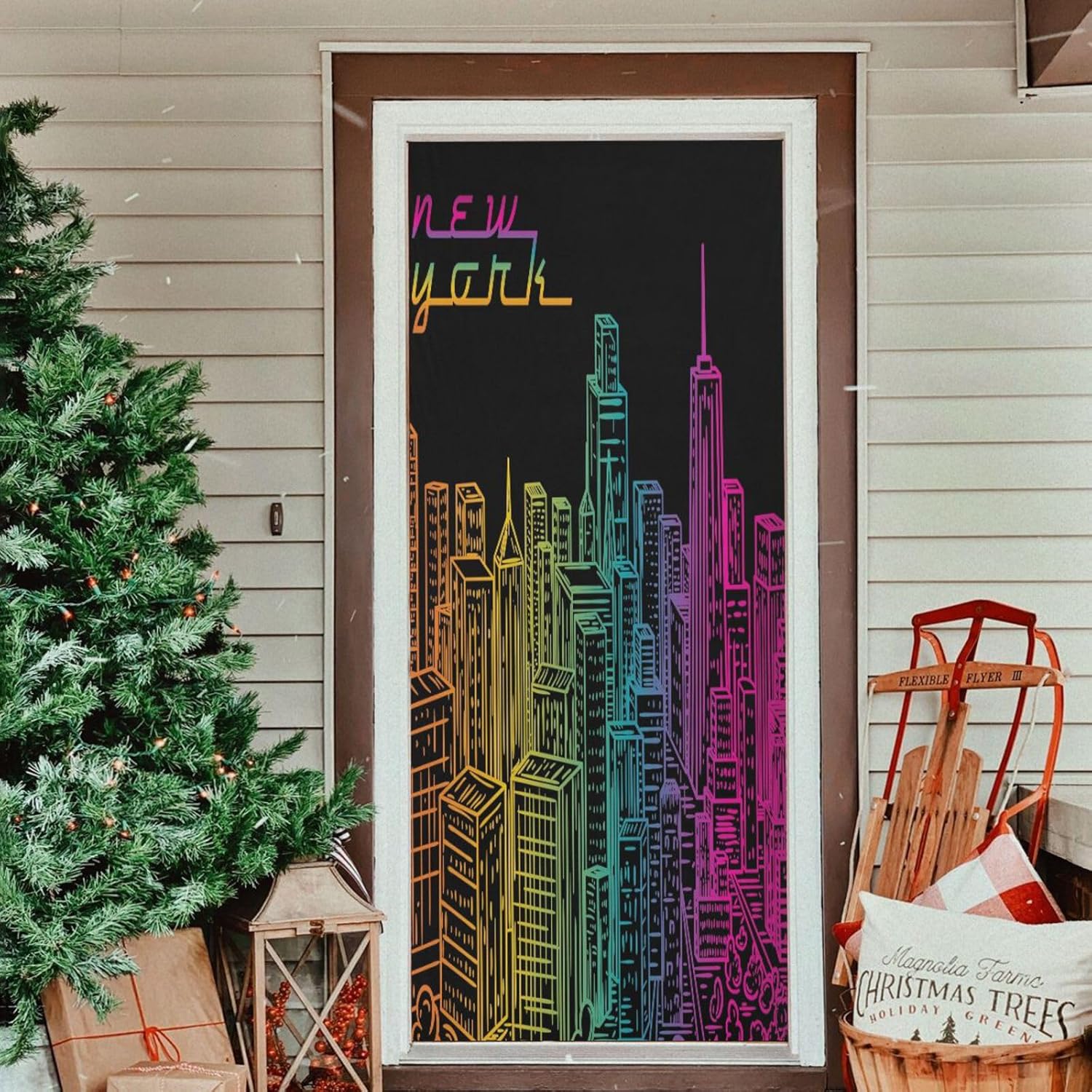 Susiyo NYC Night View Halloween Door Cover Stretch Fabric Door Decoration for Home Party Holidays
