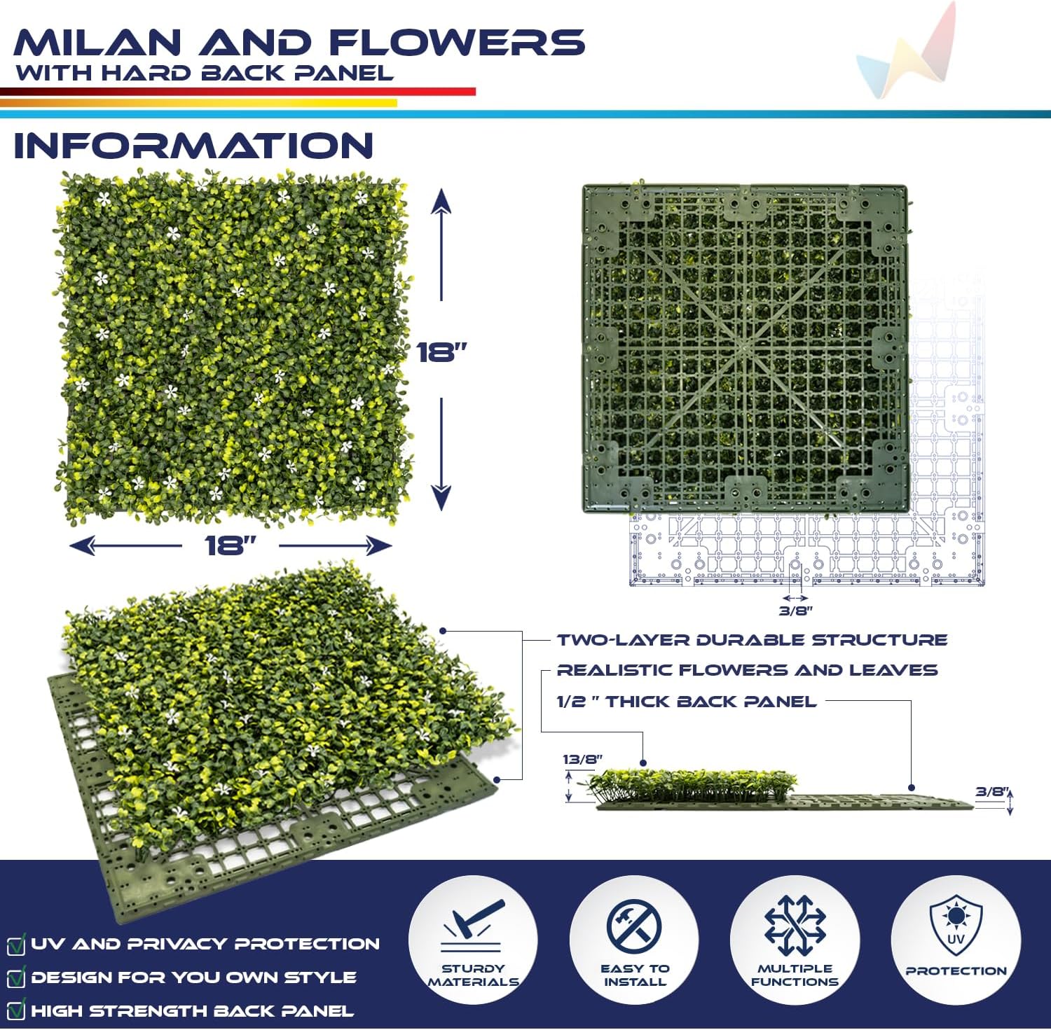 5 Packs 18x18 Artificial Plant Panels with Hard Back Faux Greenery Wall Decor