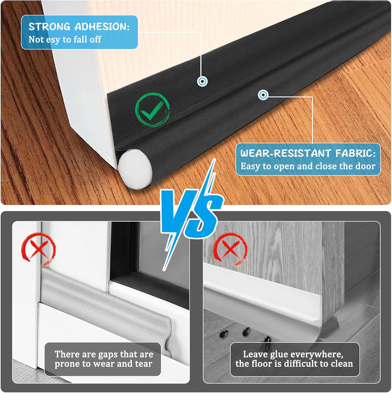 Adjustable Door Draft Stopper 36 Inch Black Single-Sided Noise Blocker
