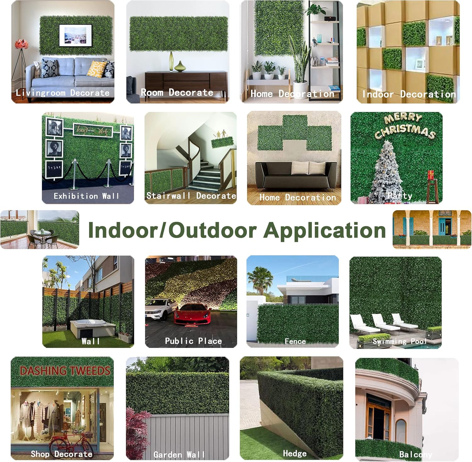 Bybeton Artificial Grass Wall Panels 10x10 16Pcs Boxwood Privacy Faux Green Wall Decor