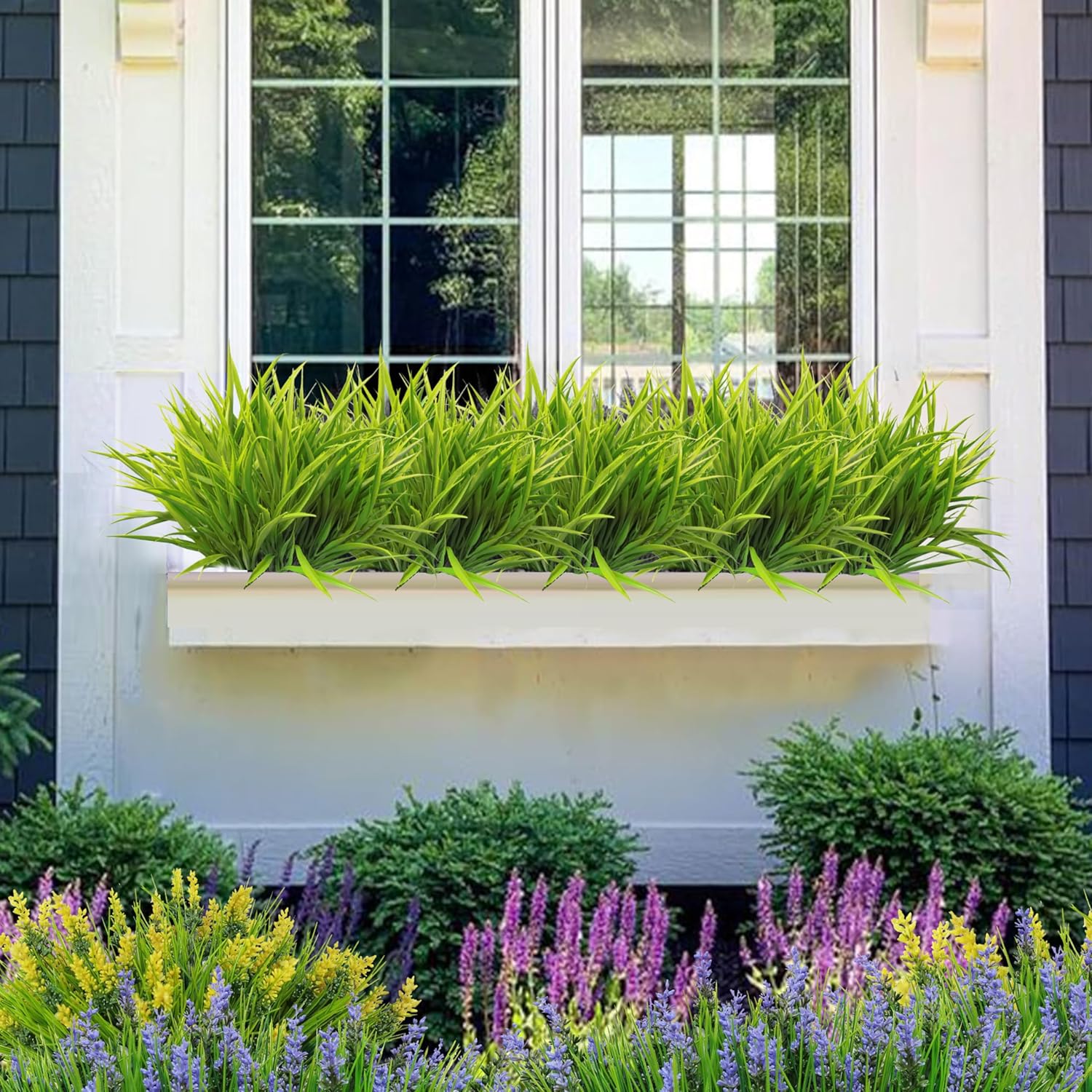 FANMINI 8 Bundle Artificial Grass Plants 17 Inch UV Resistant Faux Greenery for Home Garden Decor