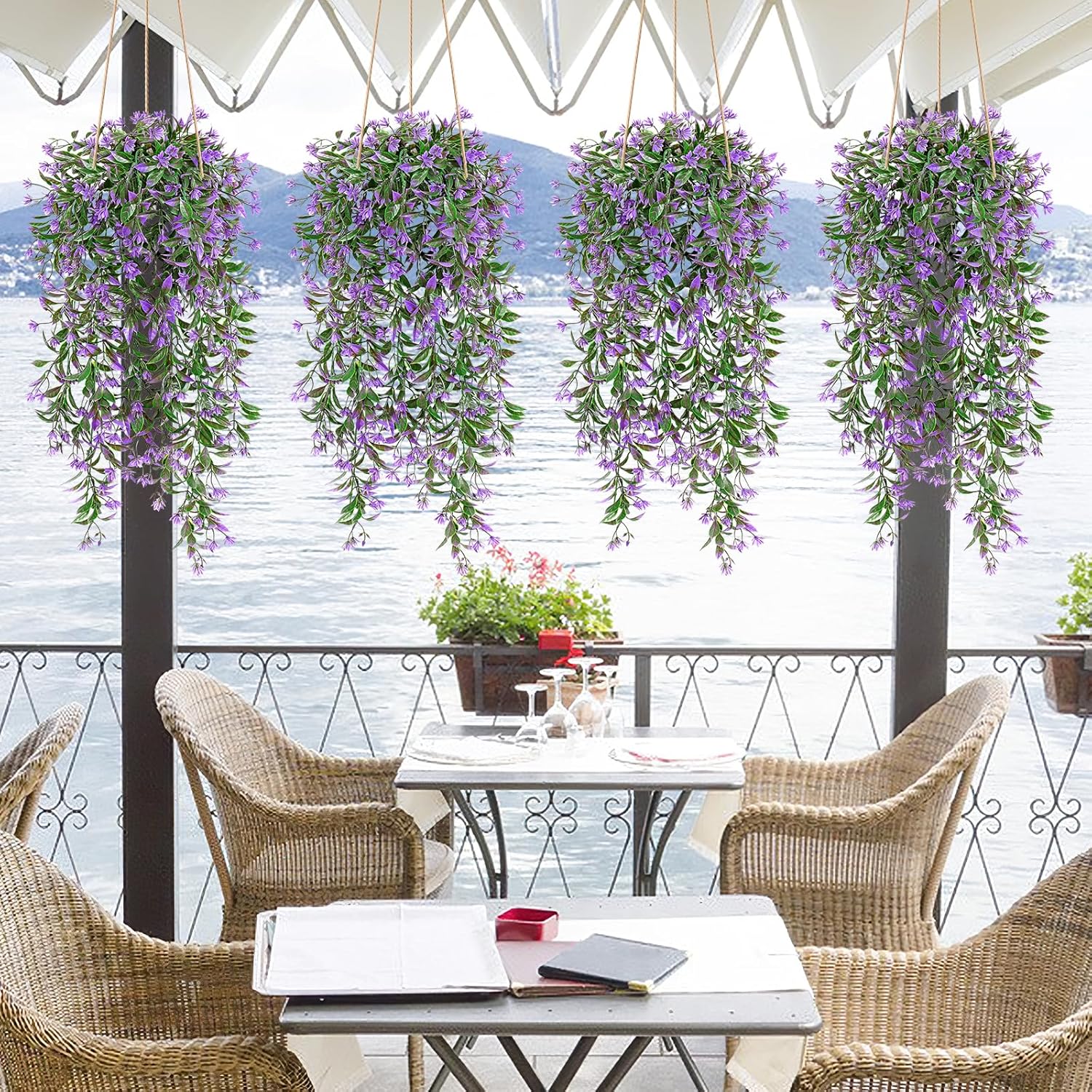 TOCHGREEN 4Pcs Artificial Hanging Plants with Purple Flowers
