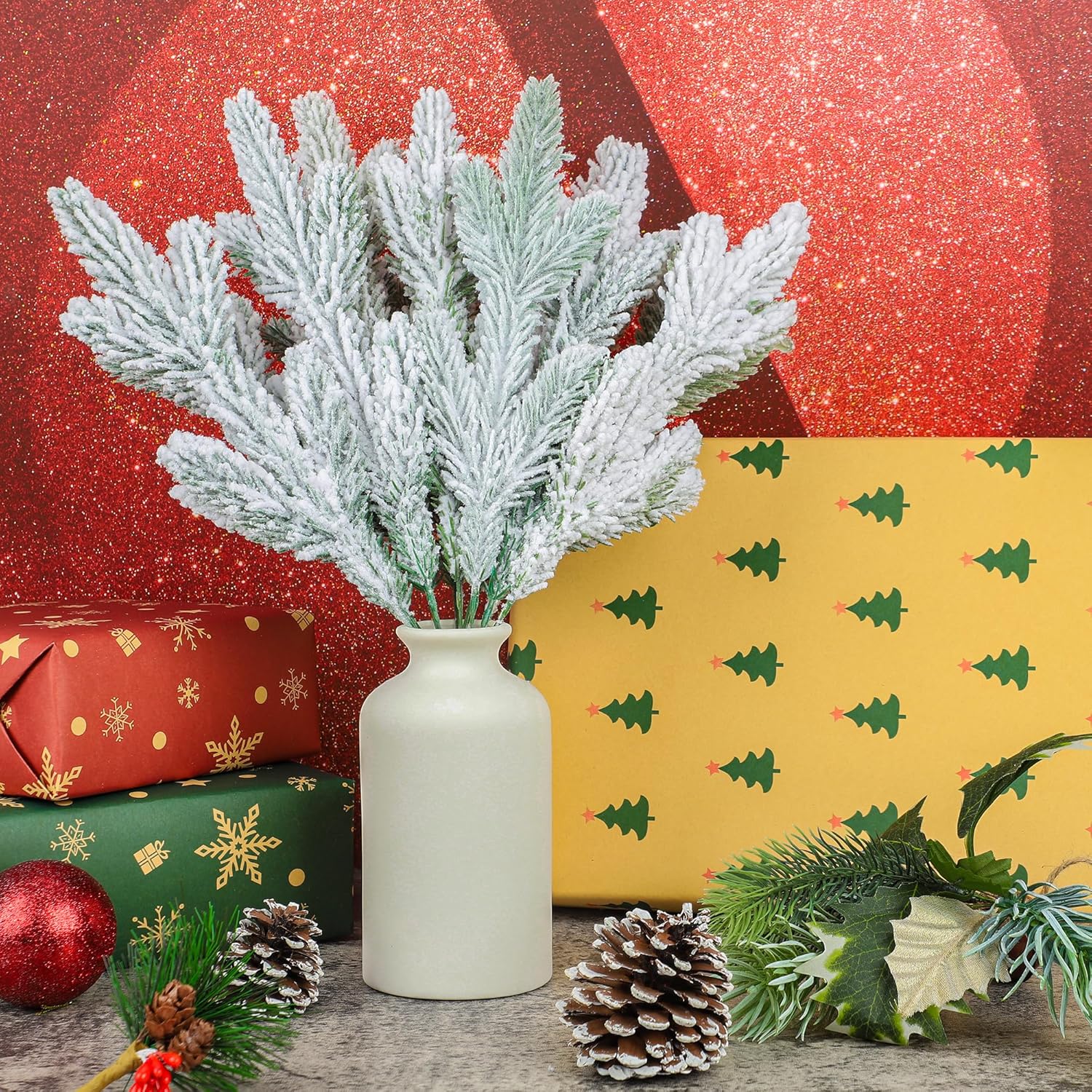 Peony Man Christmas Frosted Pine Branches 15 Pcs