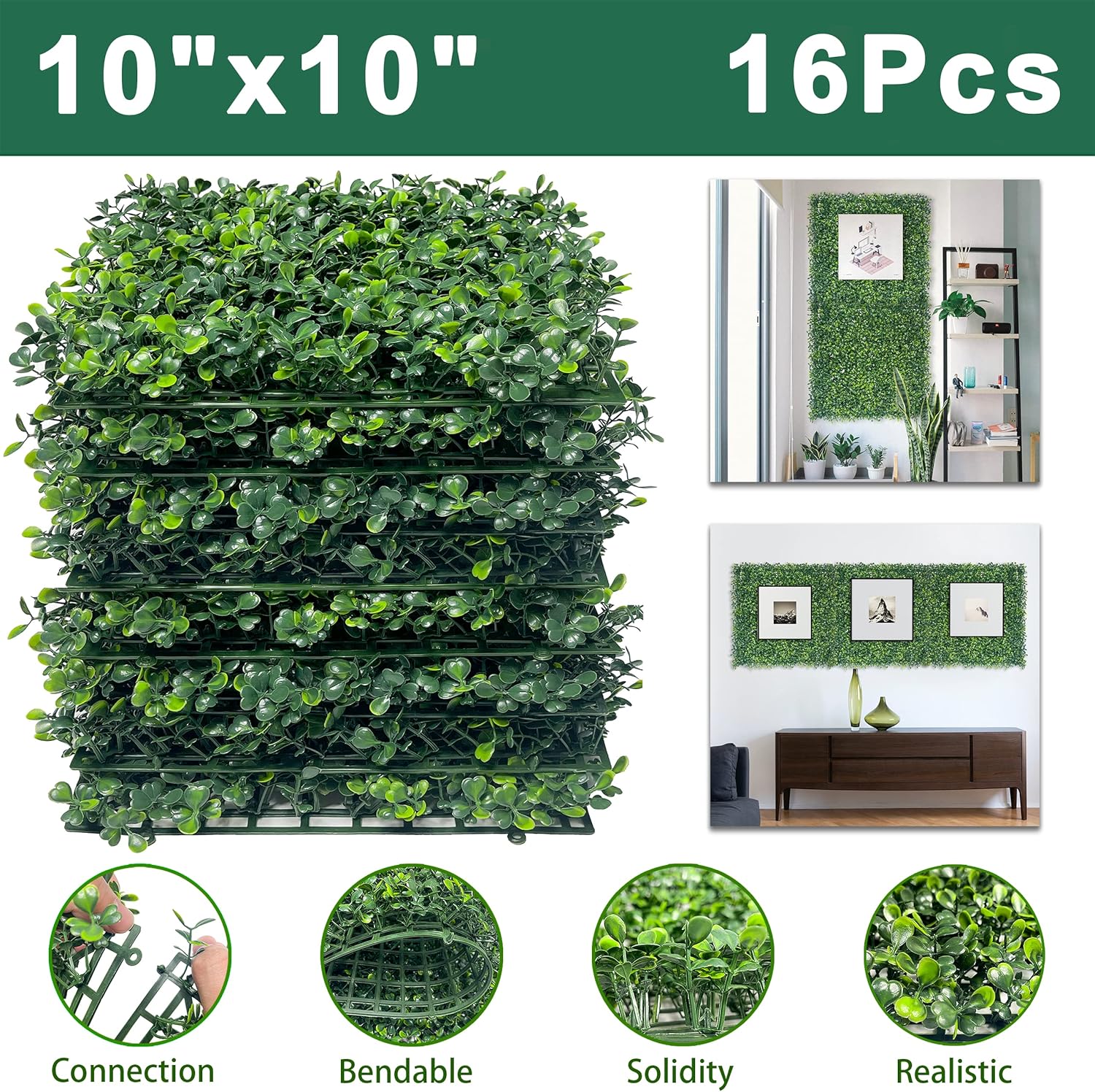 Bybeton Artificial Grass Wall Panels 10x10 16Pcs Boxwood Privacy Faux Green Wall Decor