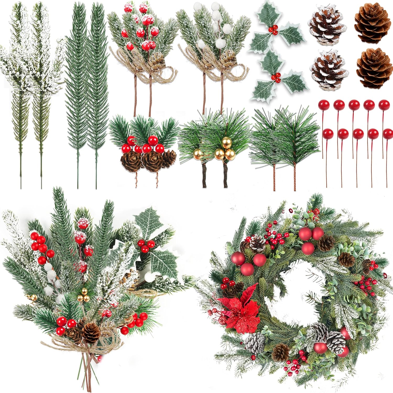60 Pcs Artificial Green Pine Branches Set