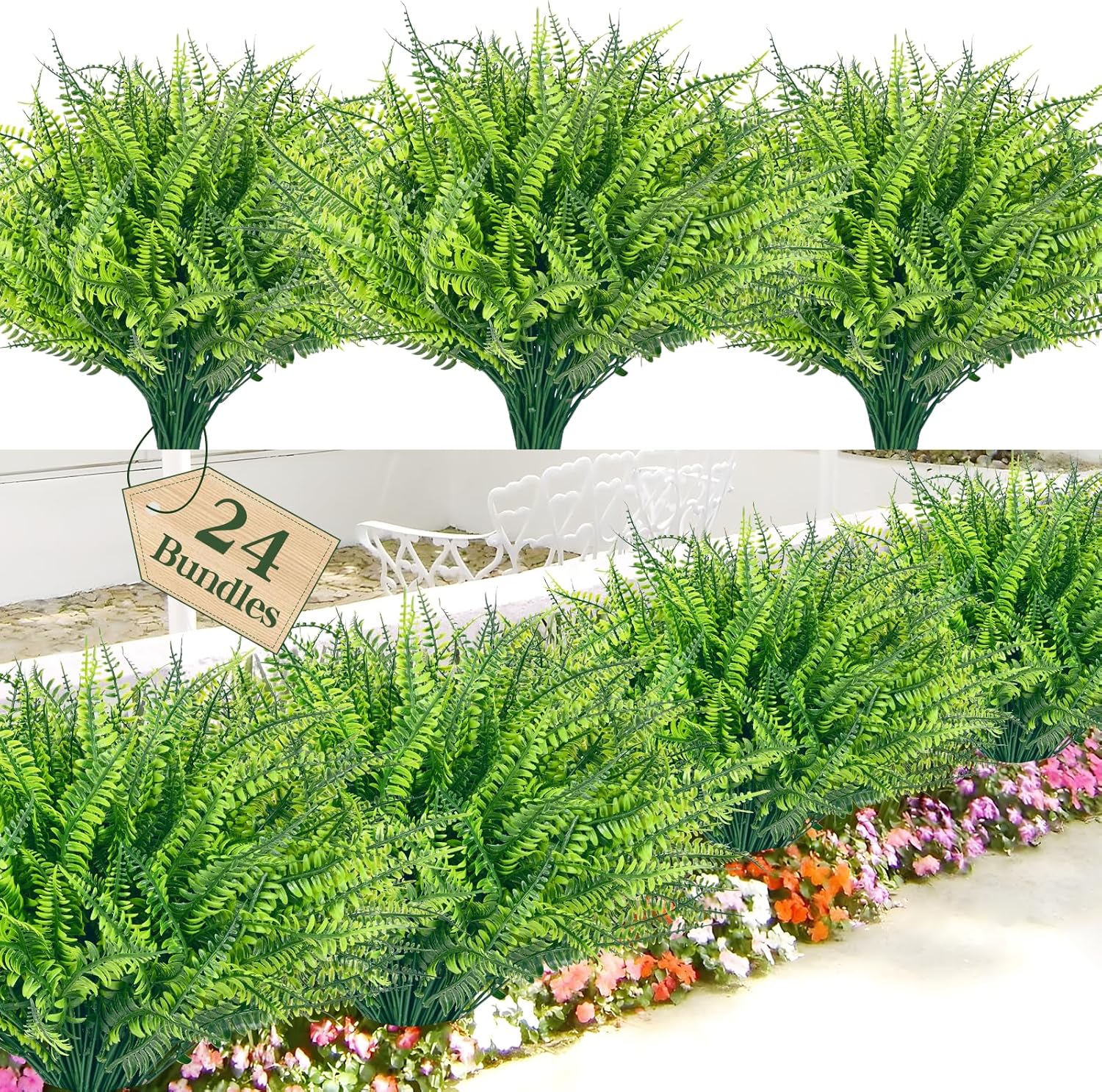 Waipfaru 24 Bundle Artificial Boston Ferns for Indoor Outdoor Decor