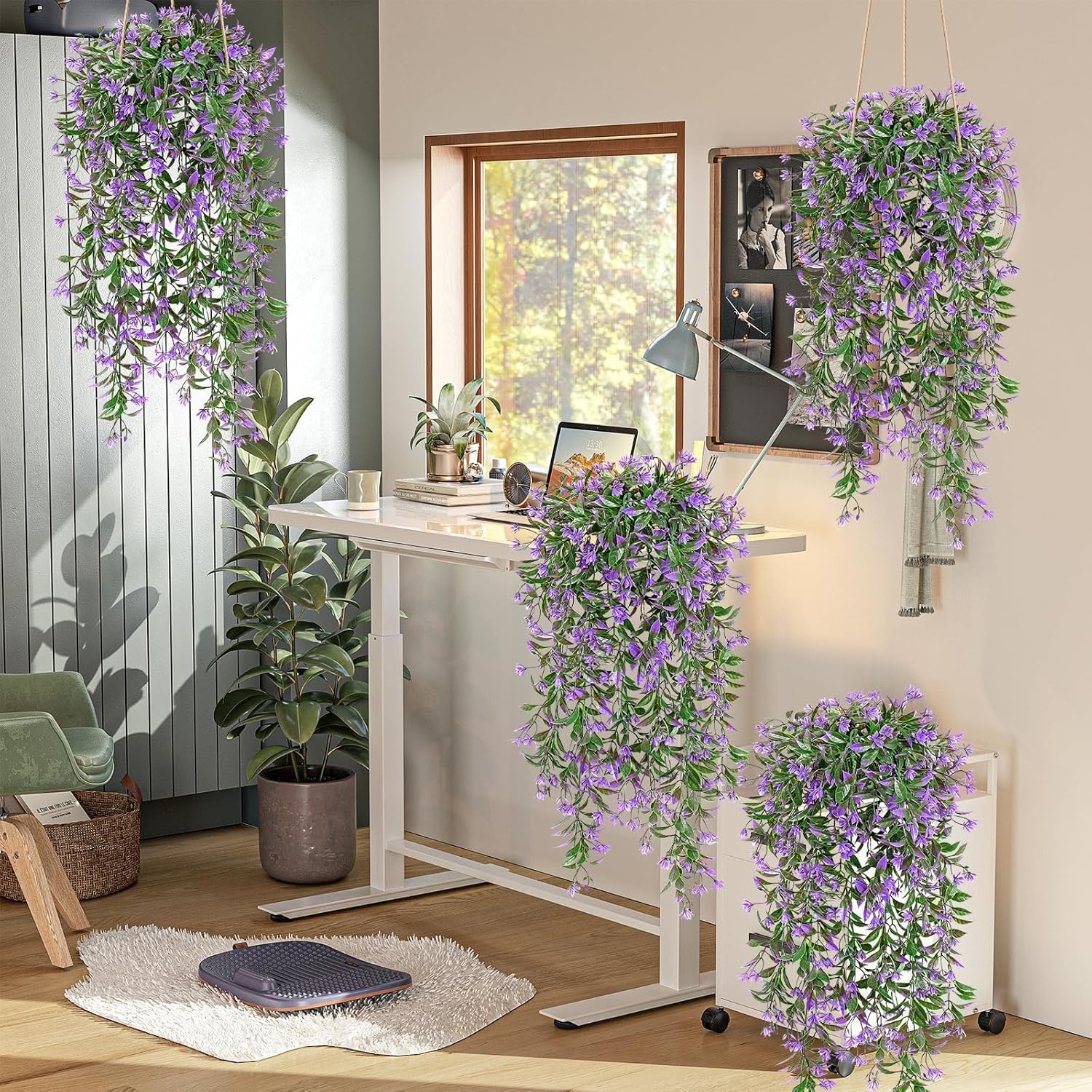 TOCHGREEN 4Pcs Artificial Hanging Plants with Purple Flowers