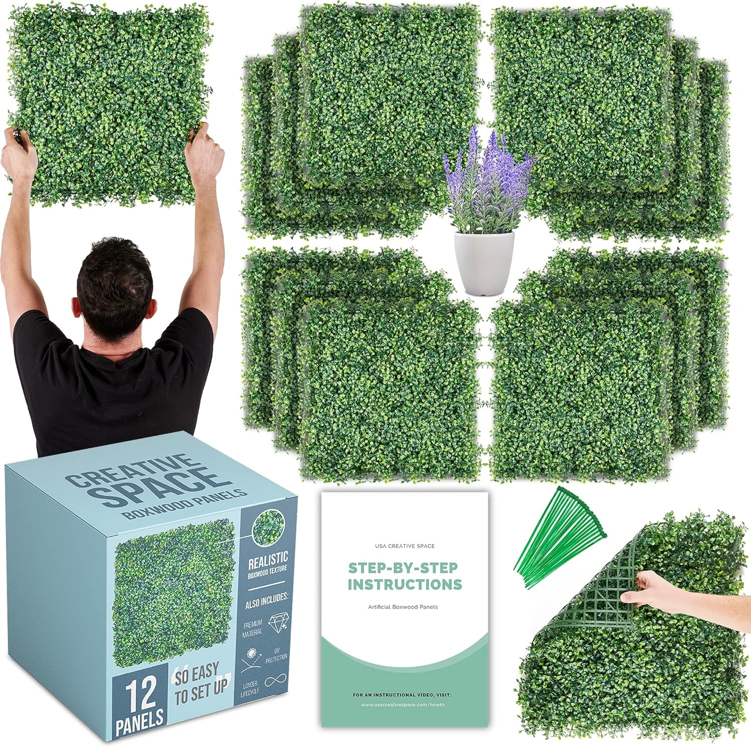 Creative Space Artificial Grass Wall Panels 12 PCS Wedding Backdrop Boxwood Privacy Screen