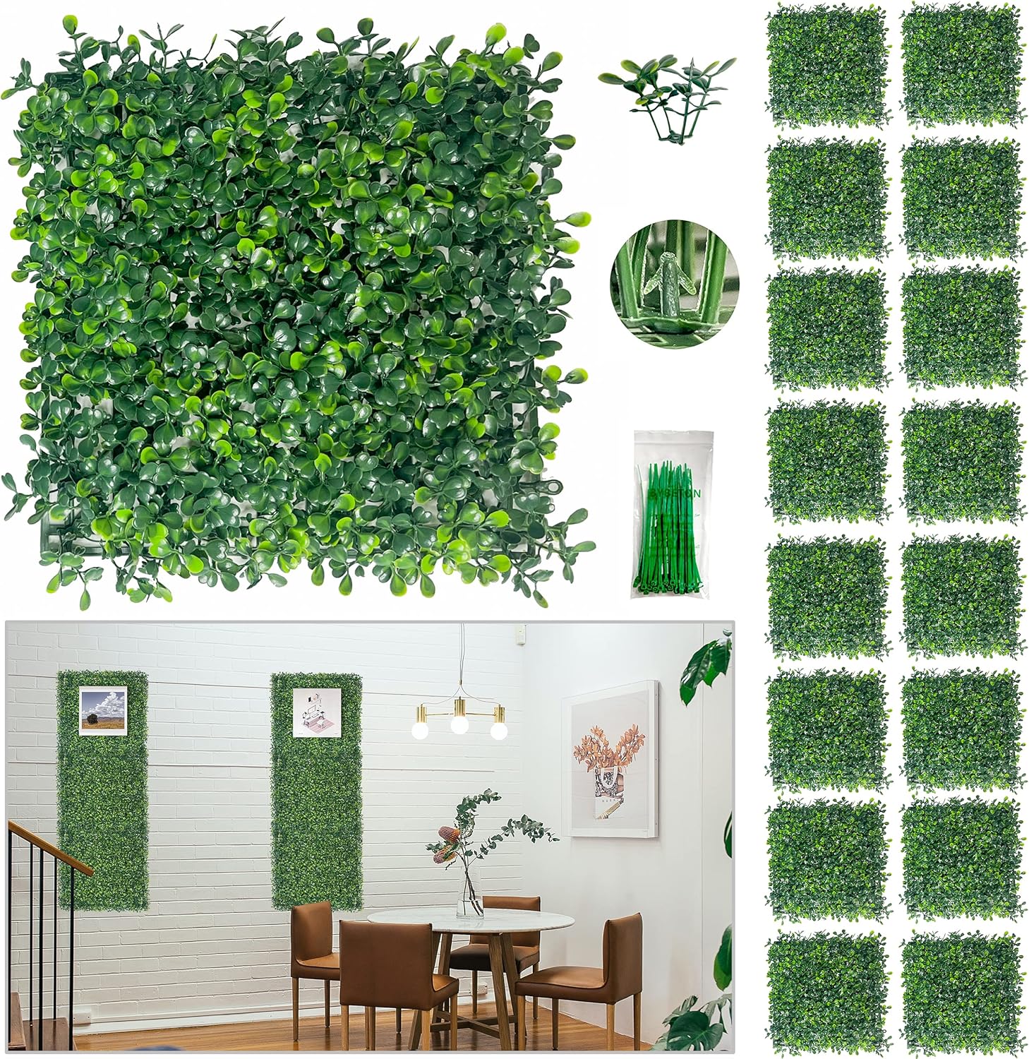Bybeton Artificial Grass Wall Panels 10x10 16Pcs Boxwood Privacy Faux Green Wall Decor